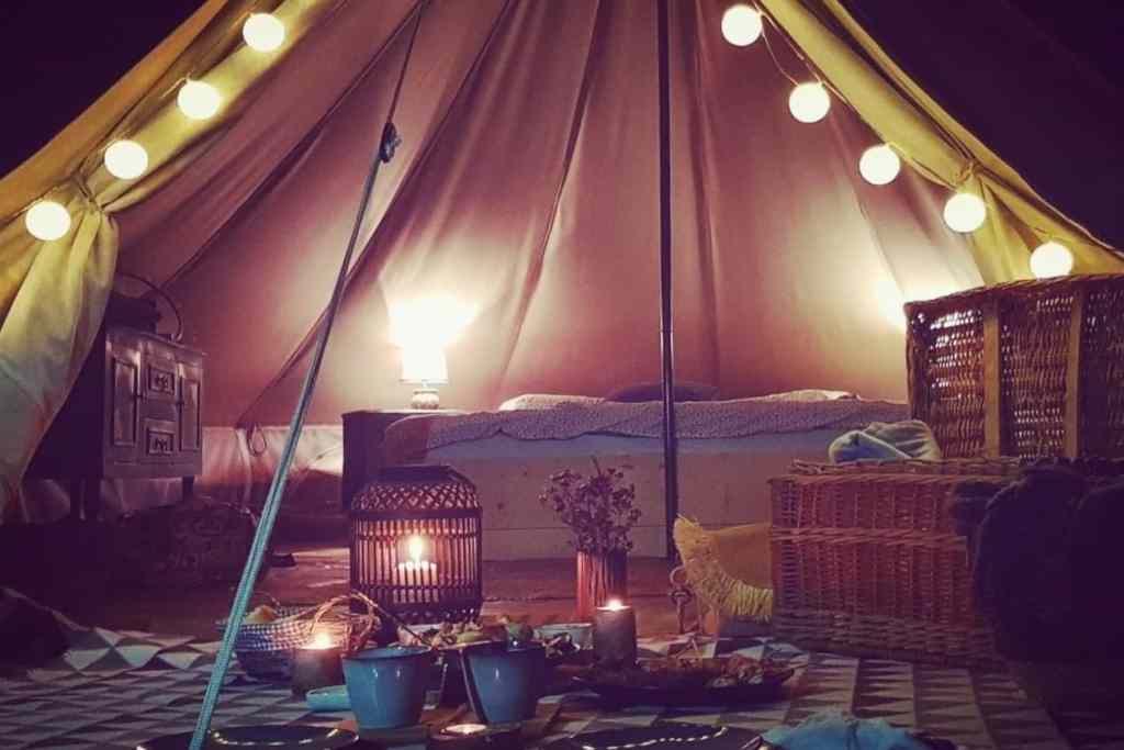 unique glamping tent in the night 